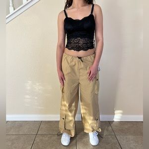 Khaki Wide Leg Cargo Parachute Pants